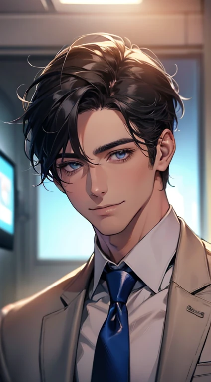 (Highest quality,4K,8K,High resolution,masterpiece:1.2),Super detailed,(Realistic,photoRealistic,photo-Realistic:1.37),1 person,32 years old,Mature Men,Beautiful skin、very handsome,Expressionless,smile,Short gray black hair,blue eyes,Sharp Eyes,A perfect face without a doubt,Businessman,Office Background,Cinema Lighting,HDR image,tie、