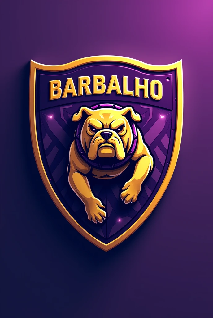 Create a shield for a football team called Barbalho GBC in Portuguese, purple and gold colors, bulldog
