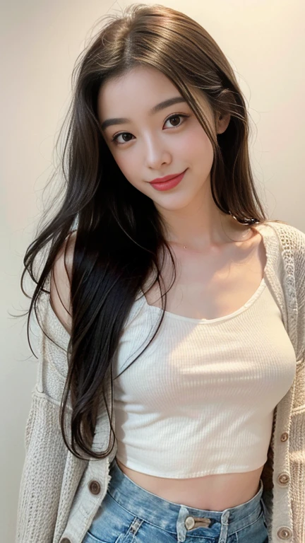 Amazing portrait of a sexy woman wearing her long straight luscious black hair, seductively gazing and smiling, soft lips, parted, blushing intensely, smiling, white t shirt, grey cardigan, baggy jeans, medium chest, perfect body