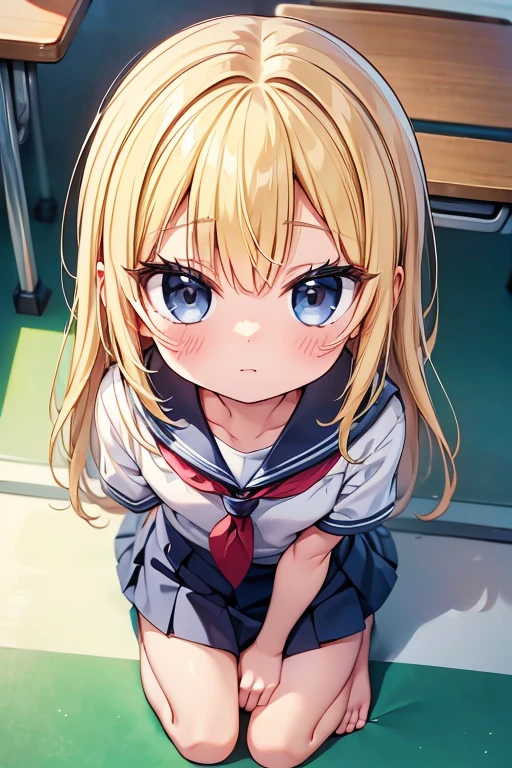 One person!!、Baby Face、(Young)、human、Height 100 cm、Long Hair、Blonde!、With bangs、small、(1st grade elementary school students)、Big eyes、barefoot、black eye、cute、Are thin、身長のsmall、体のsmall、Short legs、School uniforms、classroom、Get closer to the camera、squat、(Top View:1.6)、