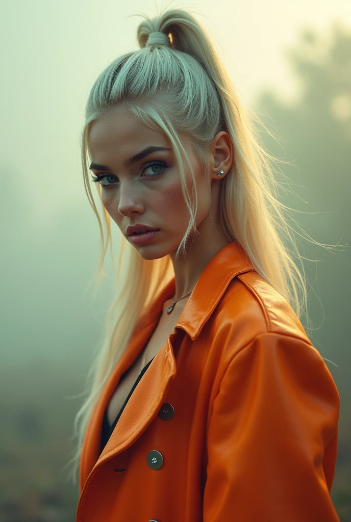 (wide shot, Full Body best quality, 4k, 8K, High resolution, masterpiece: 1.2), ultra detailed, (Realistic, photoRealistic, photoRealistic: 1.37), 23 year old woman in thick fog: 1.5, suit style hip-hop, high ponytail, incredibly long platinum blonde hair, light blue eyes, cowgirl stance, looking at viewer, leaning forward, by Santiago Caruso, by Mike Azevedo, detailed eyes, detailed lips, extremely detailed face , Long eyelashes, dynamic pose, Colorful, Vibrant colors, warm lighting