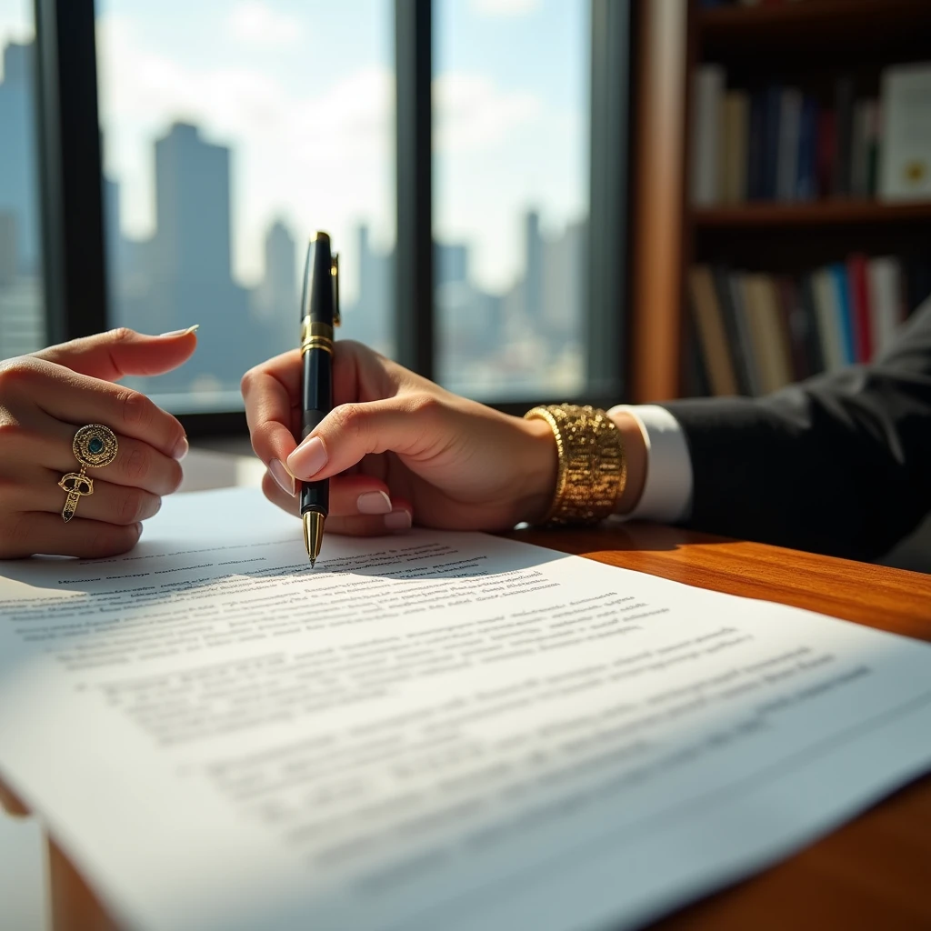 woman's hand signing a contract, with a window in the background overlooking buildings, background books, sunny day, very realistic, more focus on hands, lawyer ornaments