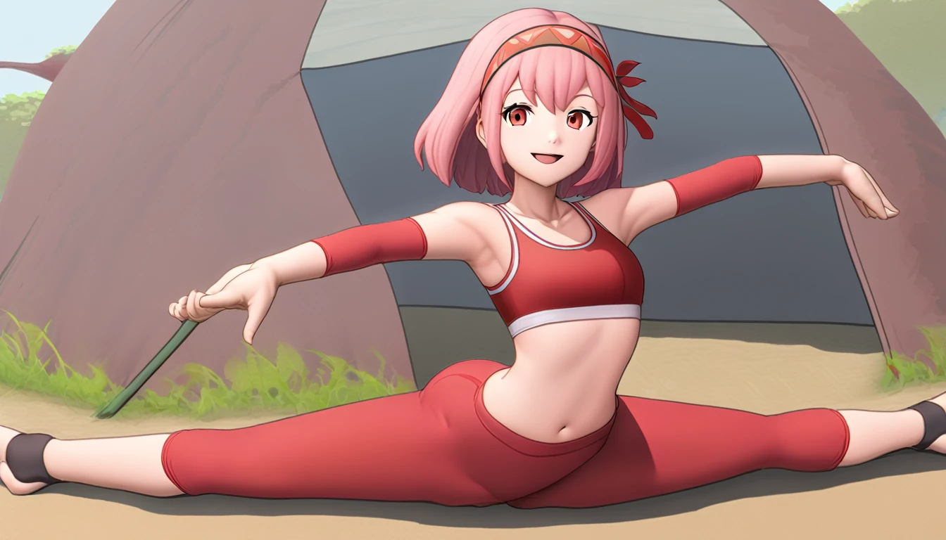 camp site, defLapis, pink short hair, hair ribbon, two-tone hairband, red yoga pants, red sports bra, 1girl, solo, Sitting, On the floor, Split Horizon, stretch, horizontal splits, stretch regs, hands on floor, smile, open mouth