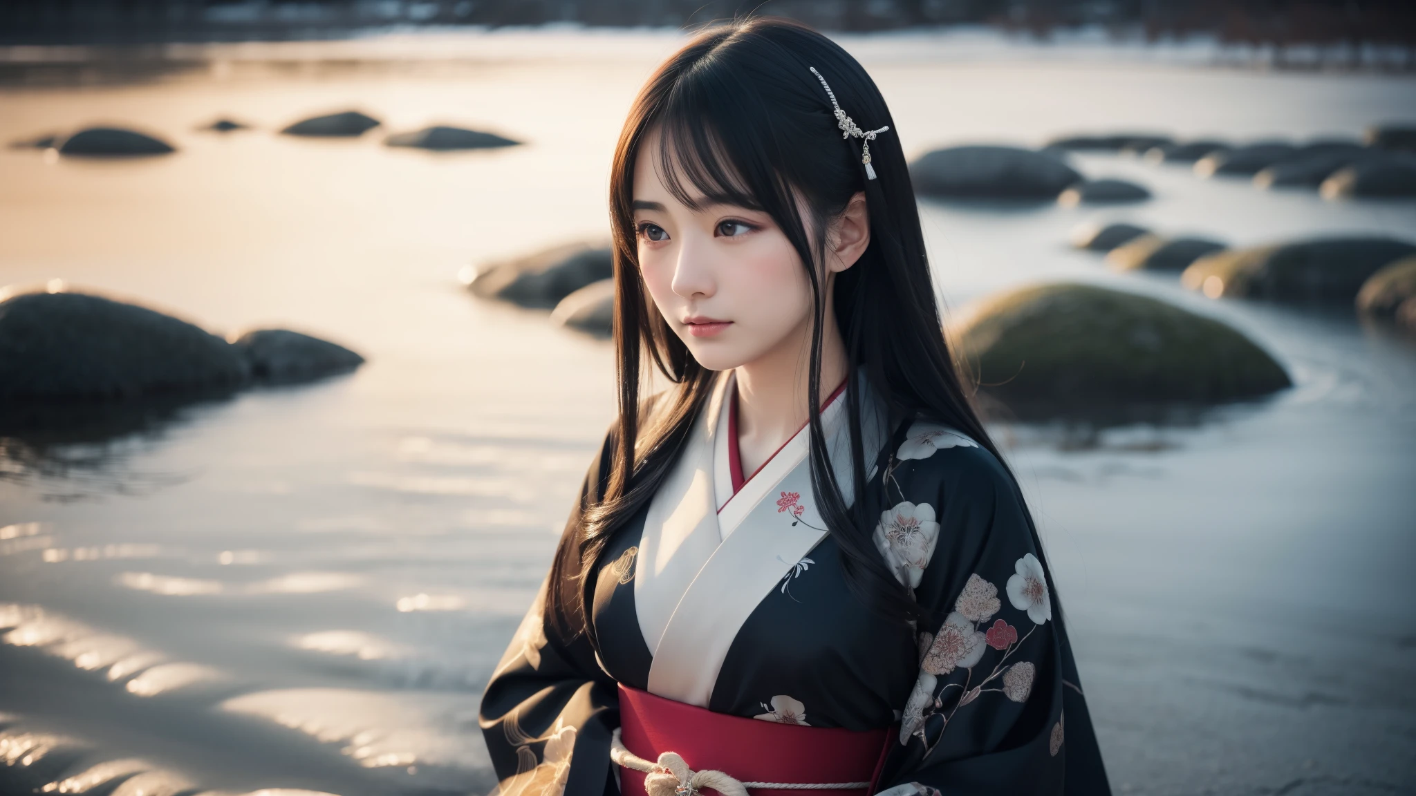 Realistic photos, Gentle eyes, Sad expression, Flowing black hair, Elegant kimono, Winter Background, Calm expression, Soft lighting, Traditional Japanese art style, Vibrant colors, Peaceful atmosphere, Delicate features, Graceful posture