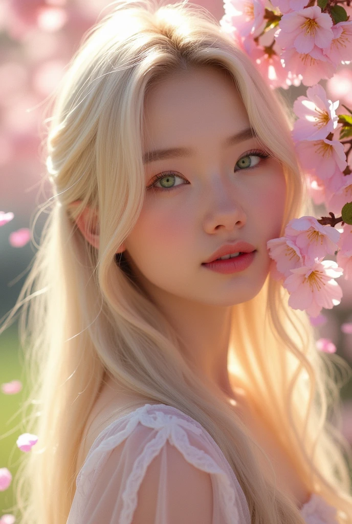 (photorealism:1.2), beautiful woman, white korean blond with green eyes, long straight hair, bunny kind features, very natural