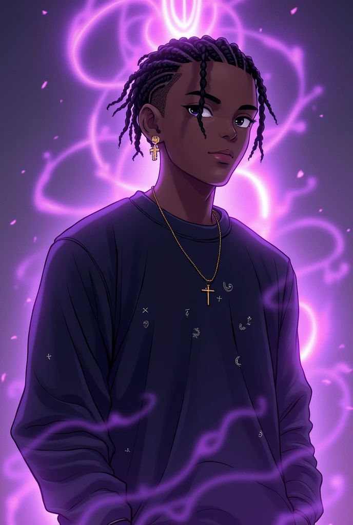 Describe a young black man with short braids, wearing a black sweatshirt. He wears a cross-shaped earring that glows slightly.. The design is inspired by the anime Jujutsu Kaisen, capturing the essence of the anime characters. Around her, a vibrant purple aura emanates, giving a mystical and powerful touch to the image. The background may include elements reminiscent of the supernatural universe of Jujutsu Kaisen, like shadows or mystical symbols, complementing the character&#39;s unique atmosphere.