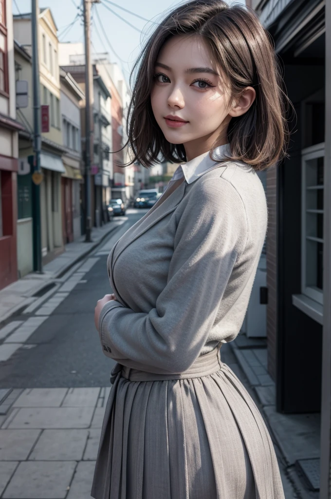8k, Masterpiece artwork, best qualityer, ultra detaild, [perfect shadows and lighting], detailed back ground, incredible high definition lighting, soft ambient lighting, young woman, uzakihana, gorgeous face, Japanese Face, lips, make-up, Stylish hair, perfects eyes, hair grey, short-hair, blue colored eyes, Breasts huge, thick things, Broad Hips, Waist slender, look at the observer, seducer, ssmile, ssmile malicioso, gaping mouth, pose sexy, schoolar uniform, streets, in town, plein-air, transparentes, small clothes,