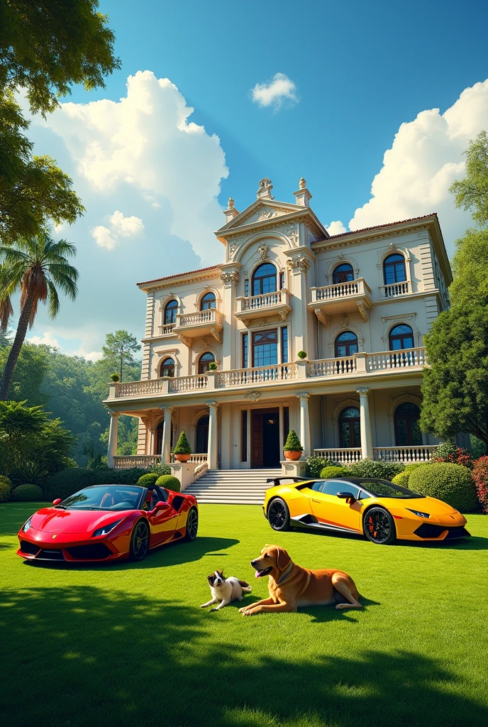 Giant mansion with 6 rooms with balcony, garden with 3 cars, a ferrari and a lamborghini, 3 pets and finally in the background with a beautiful sunny day