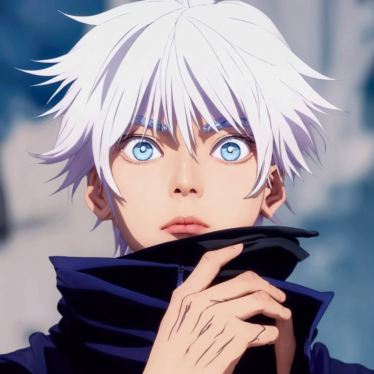 a handsome Asian male, with white hair. has very vibrant blue eyes. Wears a dark blue zip-up jacket with a high collar that's also fairly wide.