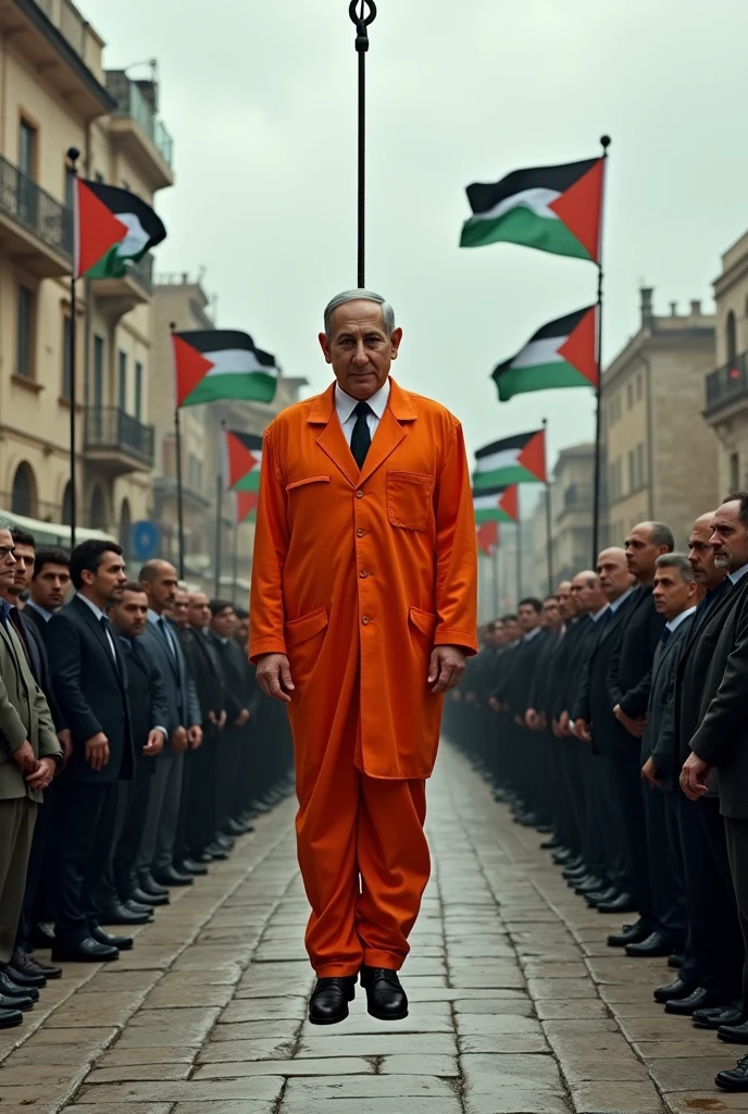 Netanyahu was hanged in front of people while wearing orange execution clothes. In Jerusalem and in front of the Palestinian flags