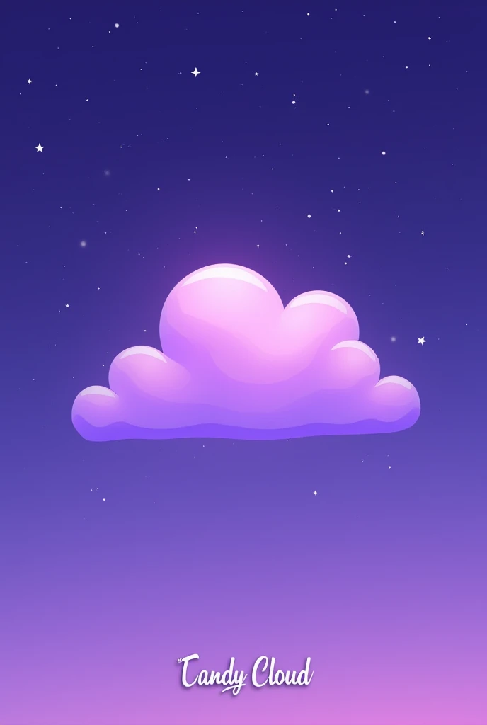 Single purple cloud logo, the cloud that only has the outer contour., with starry sky, Below the cloud is the name of the logo, which is CandyCloud., They have it written in cursive, a soft, flowing font.