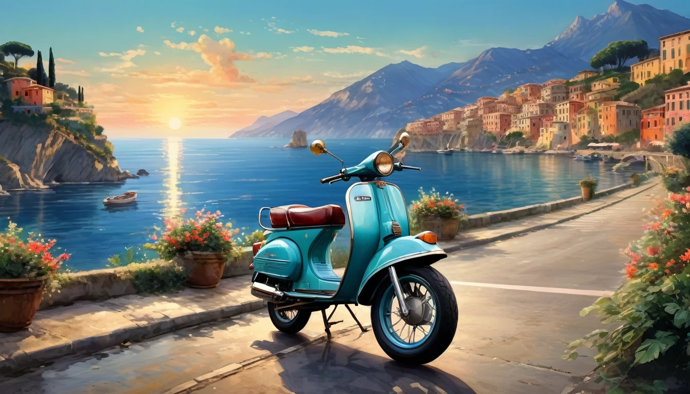 Historical masterpieces,Italian coast at dusk,Picture of a retro moped parked on the road, Beautiful artwork, OutRun art style, Beautiful digital art, Great art style, Retro style, Landscape Background,, Highly detailed digital painting,Watercolor style, super Realistic painting style, Detailed 4K painting, Realistic painting style, Awesome Wallpapers