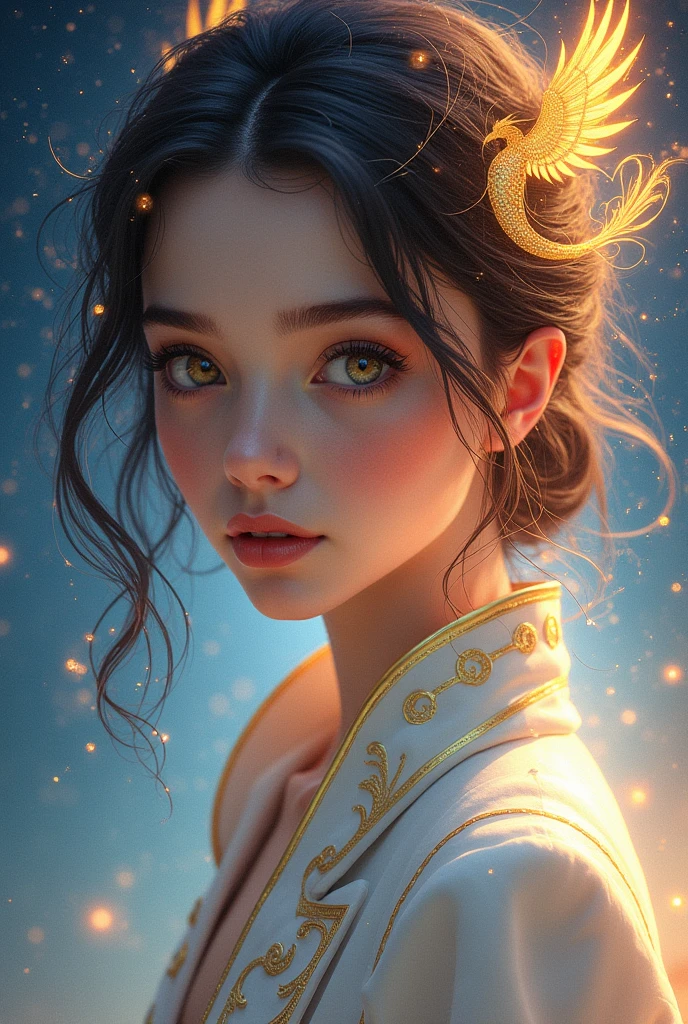 (head of&#39;artwork, superior quality, best quality, art officiel, beautiful and aesthetic:1.2), (1fille), extremely detailed eyes, (art fractal:1.3), colored, The most detailed, (visage parfait), glistening skin, HDR, (White coat gold lines:1.2), galaxy, (light streaks), striking visuals, (stries dynamiques, light trails:1.2), couleurs vives, (phoenix), (dragon) (sans le tshirt)