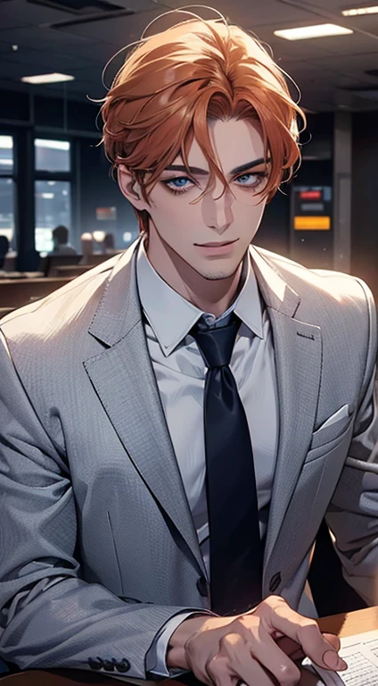 (Highest quality,4K,8K,High resolution,masterpiece:1.2),Super detailed,(Realistic,photoRealistic,photo-Realistic:1.37),1 person,33 years old,Mature Men,Beautiful skin、very handsome,Expressionless,smile,Short gray pi
Orange hair,blue eyes,Sharp Eyes,A perfect face without a doubt,Businessman,Office Background,Cinema Lighting,HDR image,tie、