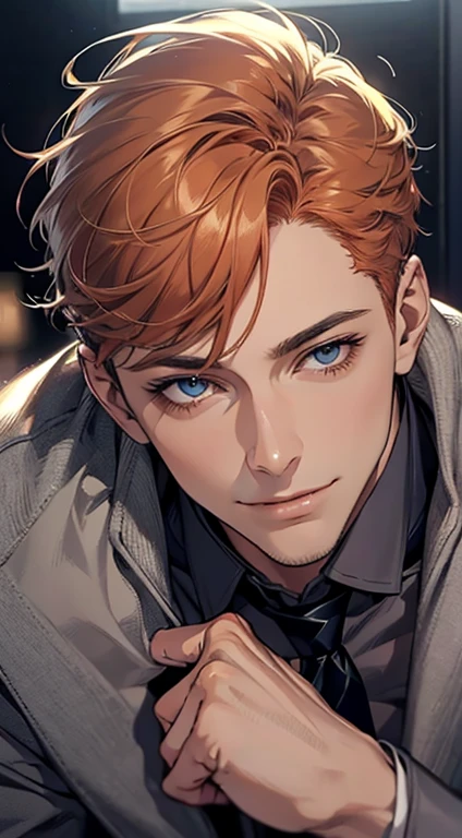 (Highest quality,4K,8K,High resolution,masterpiece:1.2),Super detailed,(Realistic,photoRealistic,photo-Realistic:1.37),1 person,33 years old,Mature Men,Beautiful skin、very handsome,Expressionless,smile,Short gray pi
Orange hair,blue eyes,Sharp Eyes,A perfect face without a doubt,Businessman,Office Background,Cinema Lighting,HDR image,tie、
