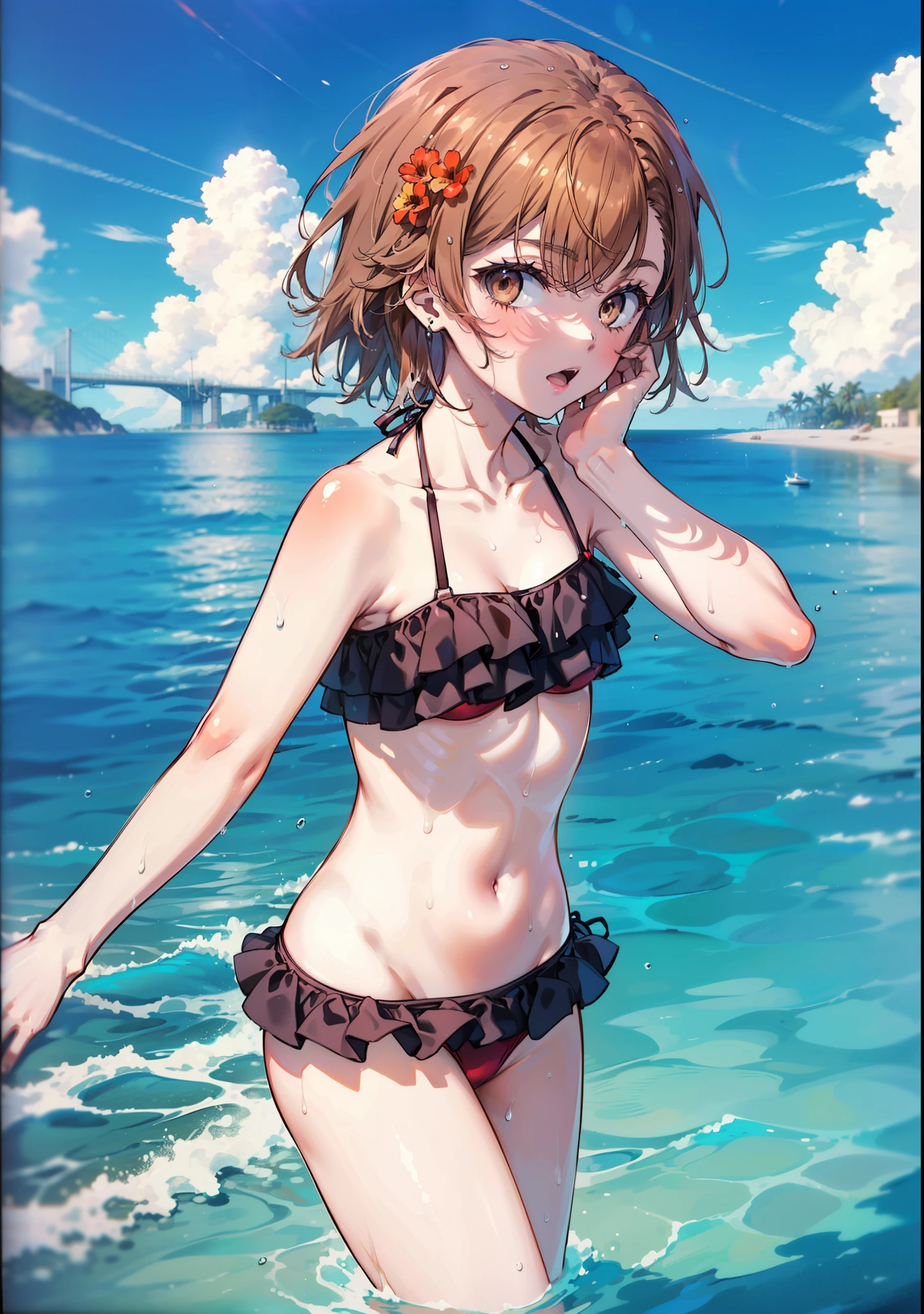 Mycotrose, Brown eyes,Brown Hair,short hair,One side up,Flower Hair Ornaments,Small breasts,Open your mouth,Red bikini swimsuit with ruffles,barefoot,Wet Hair,Wet swimsuit,Wet Skin,Water Play,Daytime,sunny,True Summer, break outdoors, Ocean,Beach, break looking at viewer, whole body, (Cowboy Shot:1. 5) break (masterpiece:1.2), Highest quality, High resolution, unity 8k wallpaper, (shape:0.8), (Beautiful attention to detail:1.6), Highly detailed face, Perfect lighting, Extremely detailed CG, (Perfect hands, Perfect Anatomy),