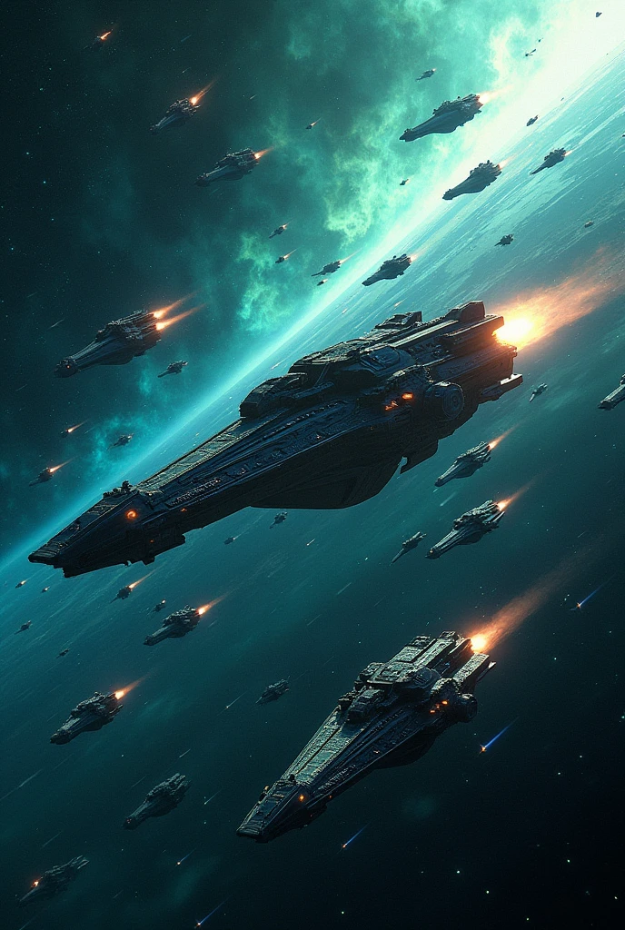 Hundreds of imperial black and chromatic spaceships in orbit surrounding a planet