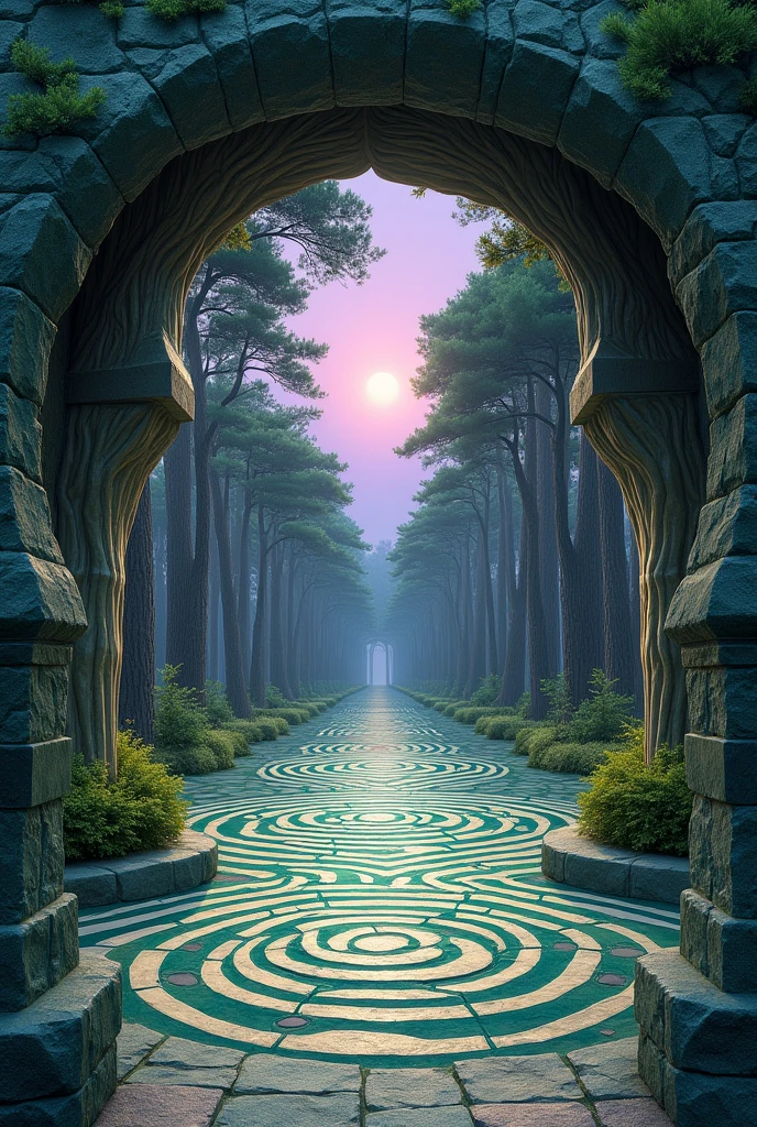 Then the steps end, and we find ourselves in an archway carved to look like tree trunks and leaves. On the other side of it is a square, the stone floor of which forms a checkered spiral of green granite and milky limestone. Pine trees of all kinds line the archways that surround the place, some as tall and wide as towers. I am struck by the strength of the birdsong there, chirping against the purple sky.