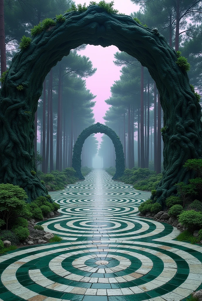 Then the steps end, and we find ourselves in an archway carved to look like tree trunks and leaves. On the other side of it is a square, the stone floor of which forms a checkered spiral of green granite and milky limestone. Pine trees of all kinds line the archways that surround the place, some as tall and wide as towers. I am struck by the strength of the birdsong there, chirping against the purple sky.