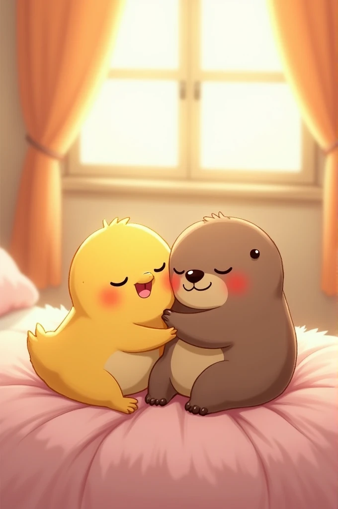 A chick and an otter in bed hugging each other and drawn as simple emojis