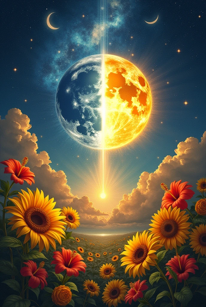 Description: The tarot cards 'The Sun' and 'The Moon' are placed side by side, surrounded by golden sunflowers and red hibiscus flowers. A deep blue, starry sky serves as the backdrop., as rays of sun and moon intertwine, Creating a perfect balance between light and shadow. This image symbolizes harmony between the opposing forces of life., with a powerful message of love, balance and hope.