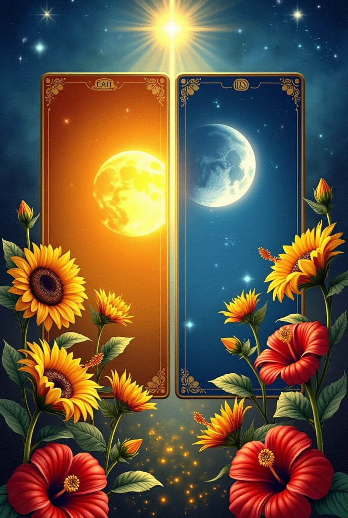 Description: The tarot cards 'The Sun' and 'The Moon' are placed side by side, surrounded by golden sunflowers and red hibiscus flowers. A deep blue, starry sky serves as the backdrop., as rays of sun and moon intertwine, Creating a perfect balance between light and shadow. This image symbolizes harmony between the opposing forces of life., with a powerful message of love, balance and hope.