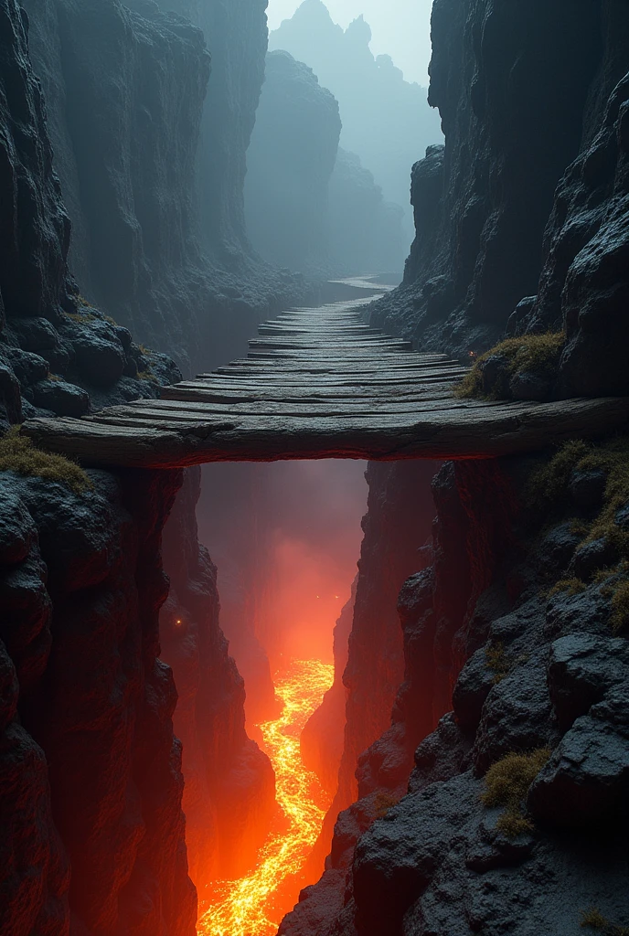 A huge wooden bridge in poor condition connected to a cave and another cave and under the bridge there is a river of lava