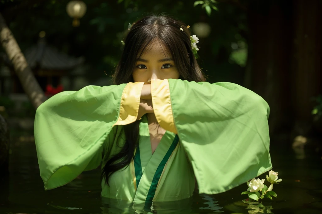 (Best quality, 8k, 32k, Masterpiece, UHD:1.2) "Transform the setting into a serene garden nestled within the palace of Ancient China. Envision traditional Chinese architecture surrounding the garden, with intricately carved wooden beams and ornate roofs adorned with upturned eaves. The garden itself is a tranquil oasis, filled with meticulously arranged plants, including bamboo groves, bonsai trees, and vibrant peonies in full bloom. A calm, reflective pond occupies the center, with koi fish swimming beneath the surface and a stone bridge arching gracefully over it. Lanterns hang delicately from the trees, casting a soft, warm glow. In the distance, a pagoda stands tall, partially hidden by the lush greenery. The air is filled with the faint scent of jasmine and the sound of rustling leaves, creating a peaceful and harmonious atmosphere, reminiscent of the imperial gardens of Ancient China's royal palaces."
