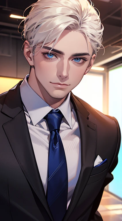 (Highest quality,4K,8K,High resolution,masterpiece:1.2),Super detailed,(Realistic,photoRealistic,photo-Realistic:1.37),1 person,31 years old,Mature Men,Beautiful skin、very handsome,Expressionless,smile,Short white hair,blue eyes,Sharp Eyes,A perfect face without a doubt,Businessman,Office Background,Cinema Lighting,HDR image,tie、
