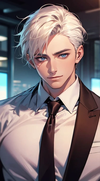 (Highest quality,4K,8K,High resolution,masterpiece:1.2),Super detailed,(Realistic,photoRealistic,photo-Realistic:1.37),1 person,31 years old,Mature Men,Beautiful skin、very handsome,Expressionless,smile,Short white hair,blue eyes,Sharp Eyes,A perfect face without a doubt,Businessman,Office Background,Cinema Lighting,HDR image,tie、
