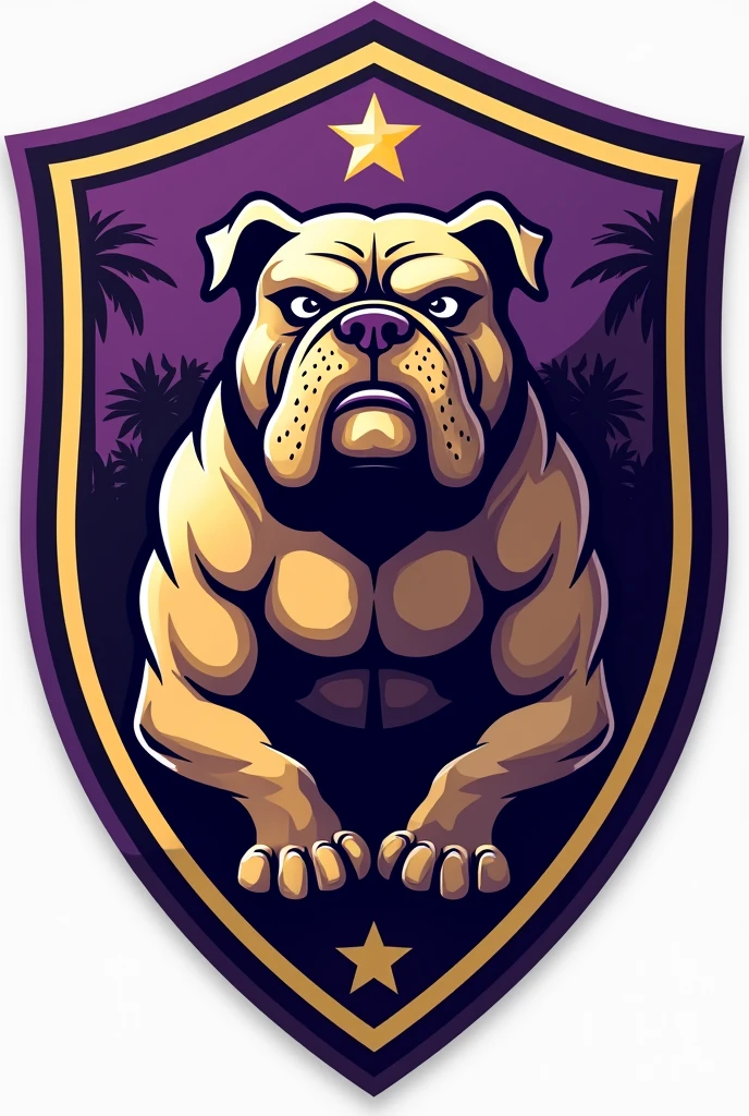 Create a shield for a Brazilian champion football team called Barbalho GBC in Portuguese, purple and gold colors, bulldog