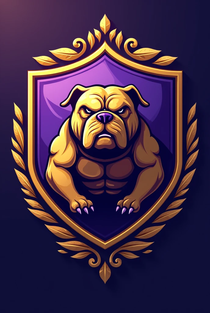Create a shield for a Brazilian champion football team called Barbalho GBC in Portuguese, purple and gold colors, bulldog
