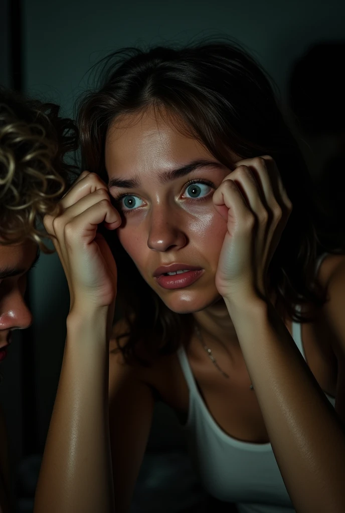 I want a picture of a person, opening another&#39;s eyes by pulling on her eyelids forcibly to make her see 