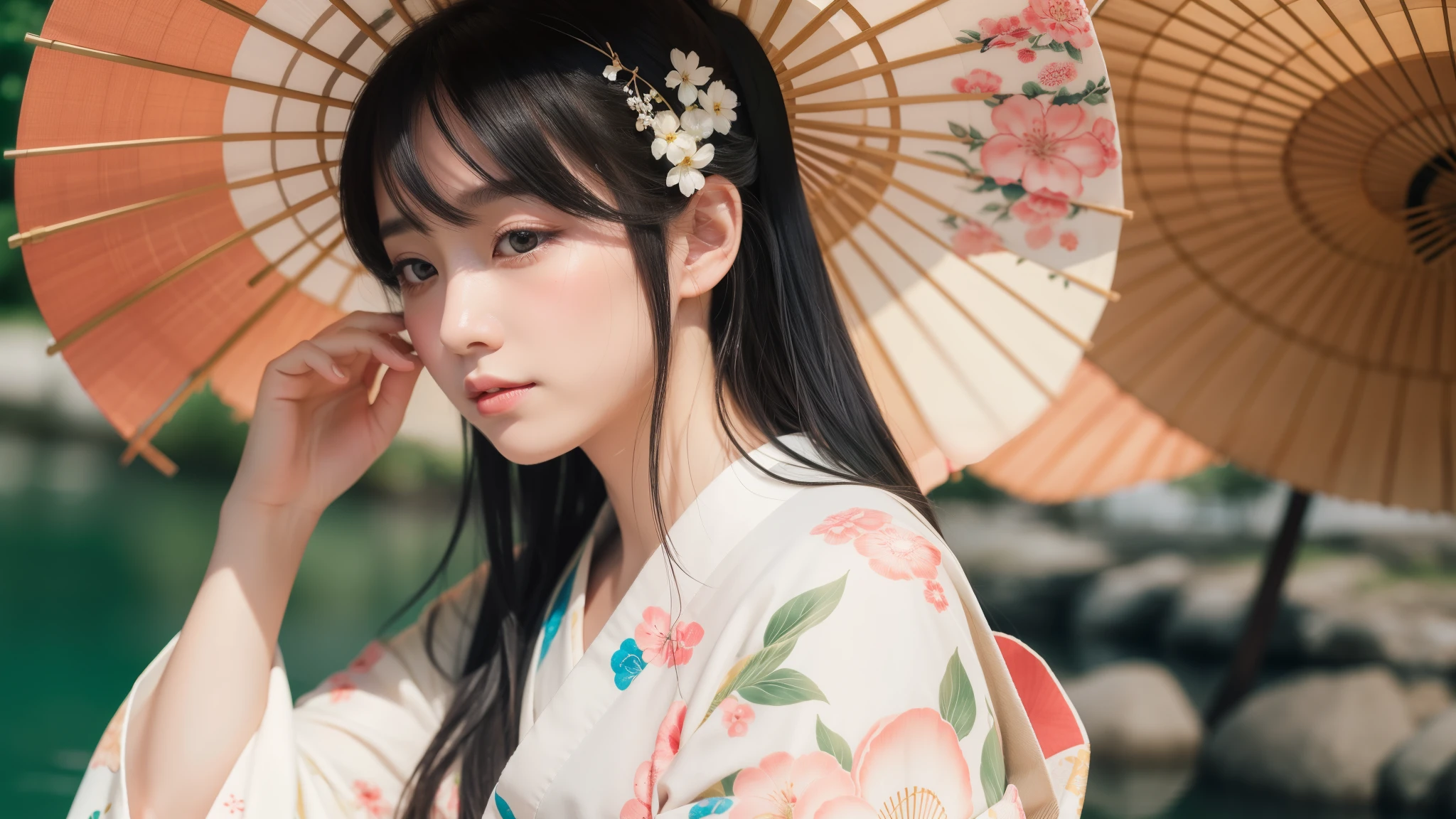 Realistic photos, Gentle eyes, Sad expression, Flowing black hair, Elegant kimono, Summer background, Calm expression, Soft lighting, Traditional Japanese art style, Vibrant colors, Peaceful atmosphere, Delicate features, Graceful posture