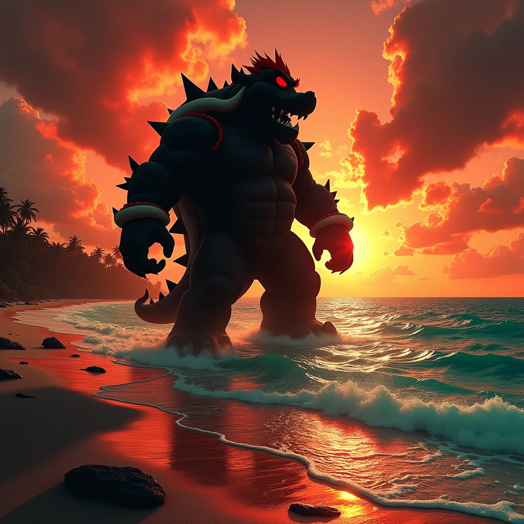 black shadow of bowser on a beach in vice city gta burning in red lava, red sky