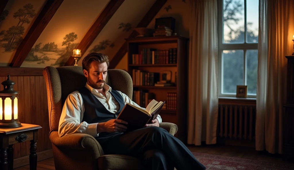 A 35 year old man reading the Bible in his bedroom one evening in 1800s Germany 