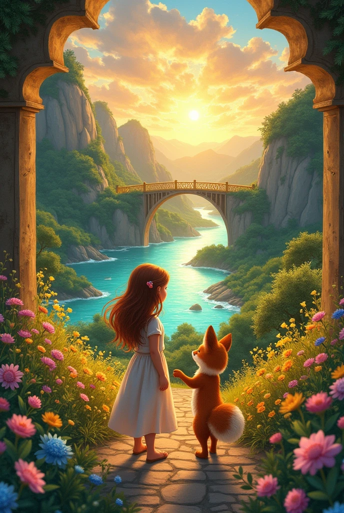 Lila and Pip arrive at a golden bridge that leads to a field of bright flowers.. To cross the bridge, they need to solve a riddle left by a magical guardian. With the help of tips and reasoning, they manage to cross the bridge.