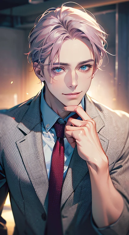 (Highest quality,4K,8K,High resolution,masterpiece:1.2),Super detailed,(Realistic,photoRealistic,photo-Realistic:1.37),1 person,31 years old,Mature Men,Beautiful skin、very handsome,Expressionless,smile,Short gray pink hair,blue eyes,Sharp Eyes,A perfect face without a doubt,Businessman,Office Background,Cinema Lighting,HDR image,tie、