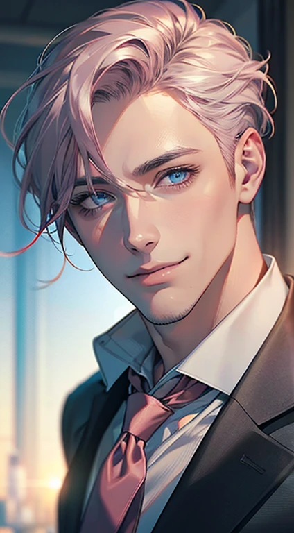 (Highest quality,4K,8K,High resolution,masterpiece:1.2),Super detailed,(Realistic,photoRealistic,photo-Realistic:1.37),1 person,31 years old,Mature Men,Beautiful skin、very handsome,Expressionless,smile,Short gray pink hair,blue eyes,Sharp Eyes,A perfect face without a doubt,Businessman,Office Background,Cinema Lighting,HDR image,tie、