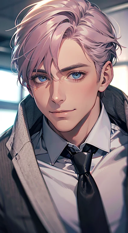 (Highest quality,4K,8K,High resolution,masterpiece:1.2),Super detailed,(Realistic,photoRealistic,photo-Realistic:1.37),1 person,31 years old,Mature Men,Beautiful skin、very handsome,Expressionless,smile,Short gray pink hair,blue eyes,Sharp Eyes,A perfect face without a doubt,Businessman,Office Background,Cinema Lighting,HDR image,tie、