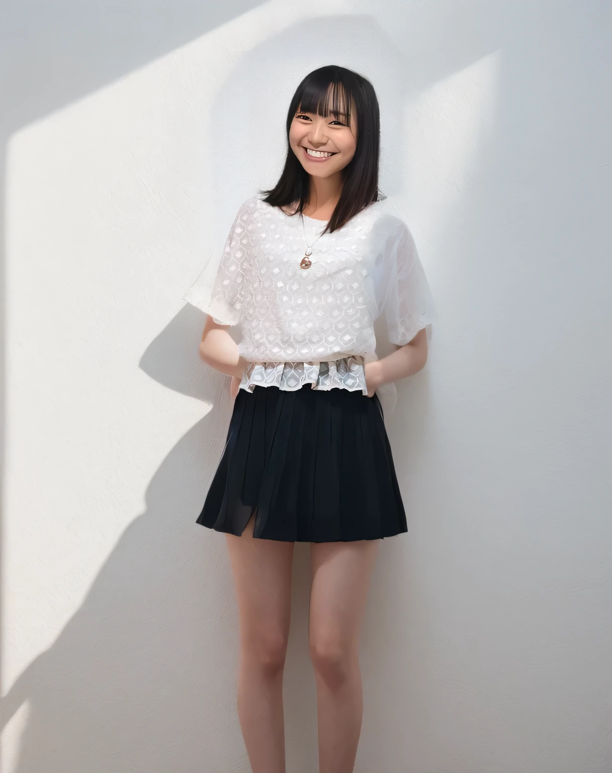 Super detailed,Highest quality,One high school girl,Standing in a room with white walls, looking at you.,illuminated by sunlight from the window,Posing for a photo,The background is blurred