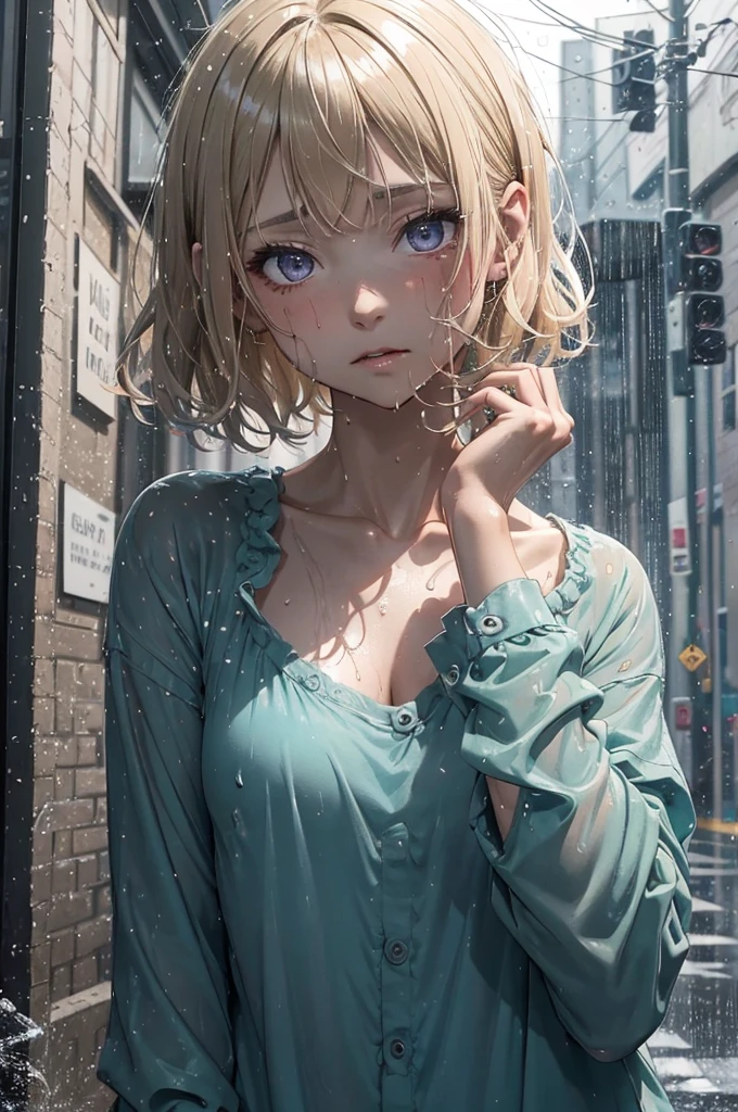 Highly detailed, extreme detail, amazing art), Raning, heavy rain, dark, midnight, 1girl, soaking wet drenched, wearing nothing but a pyjama shirt, shirt caramel-blonde hair, gorgeous purple eyes, depressed, soaking wet hair, hair sticking to her face, heavy rain, thunderstorm, teal pyjama top, naked, nude, petit chest, very short hair, buttoned up pyjama top, bare legs, no underwear, very dark night time, black sky, only source of light is a single amber street light, no light,