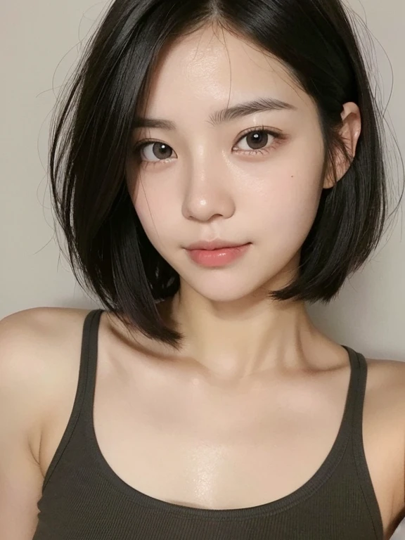 Photo of one woman, Symmetrical face、Highly detailed face and skin texture、No makeup、A small smile、(looking at the camera)、Detailed eyes、Unkempt eyebrows、Symmetrical black eyes、Messy medium-short hair、Thick hair、Coarse hair、High-quality khaki tank top、nice, Japanese Gravure Idol