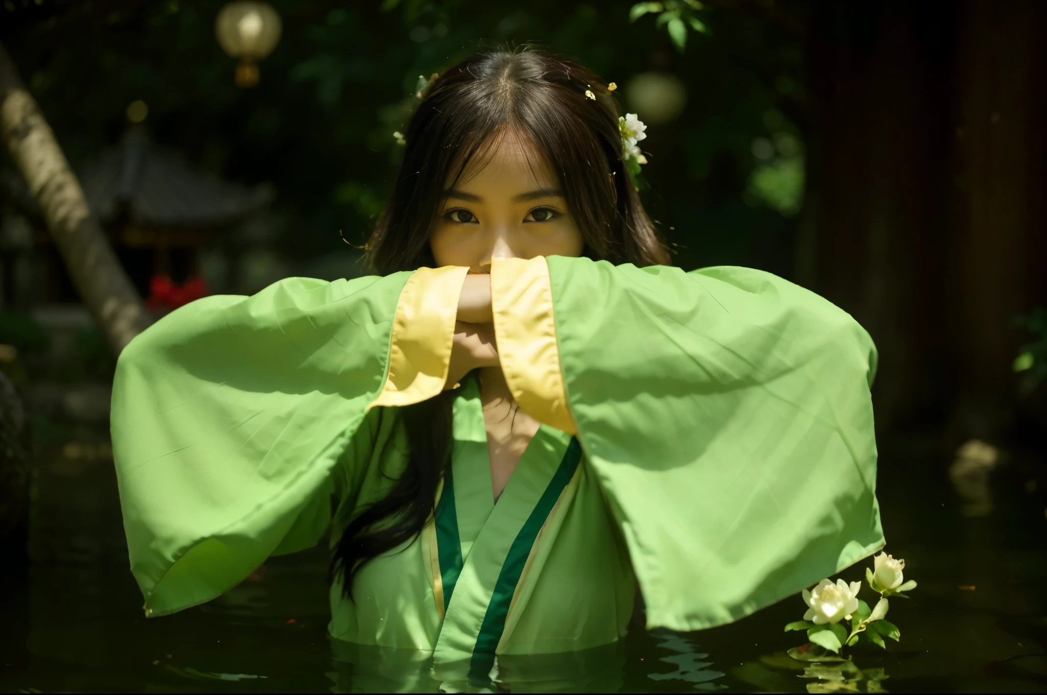 (Best quality, 8k, 32k, Masterpiece, UHD:1.2) "Transform the setting into a serene garden nestled within the palace of Ancient China. Envision traditional Chinese architecture surrounding the garden, with intricately carved wooden beams and ornate roofs adorned with upturned eaves. The garden itself is a tranquil oasis, filled with meticulously arranged plants, including bamboo groves, bonsai trees, and vibrant peonies in full bloom. A calm, reflective pond occupies the center, with koi fish swimming beneath the surface and a stone bridge arching gracefully over it. Lanterns hang delicately from the trees, casting a soft, warm glow. In the distance, a pagoda stands tall, partially hidden by the lush greenery. The air is filled with the faint scent of jasmine and the sound of rustling leaves, creating a peaceful and harmonious atmosphere, reminiscent of the imperial gardens of Ancient China's royal palaces."