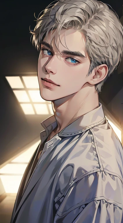 (best quality,4k,8k,highres,masterpiece:1.2),ultra-detailed,(realistic,photorealistic,photo-realistic:1.37),1 man,31 years old,mature man,very handsome,without expression,smile,short grey golden hair,blue eyes,penetrating gaze,perfect face without errors,imposing posture,businessman,office background,cinematic lighting,hdr image