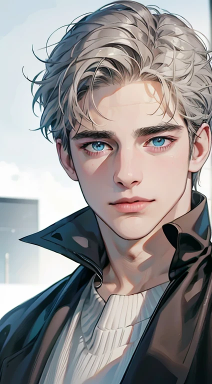 (best quality,4k,8k,highres,masterpiece:1.2),ultra-detailed,(realistic,photorealistic,photo-realistic:1.37),1 man,31 years old,mature man,very handsome,without expression,smile,short grey golden hair,blue eyes,penetrating gaze,perfect face without errors,imposing posture,businessman,office background,cinematic lighting,hdr image