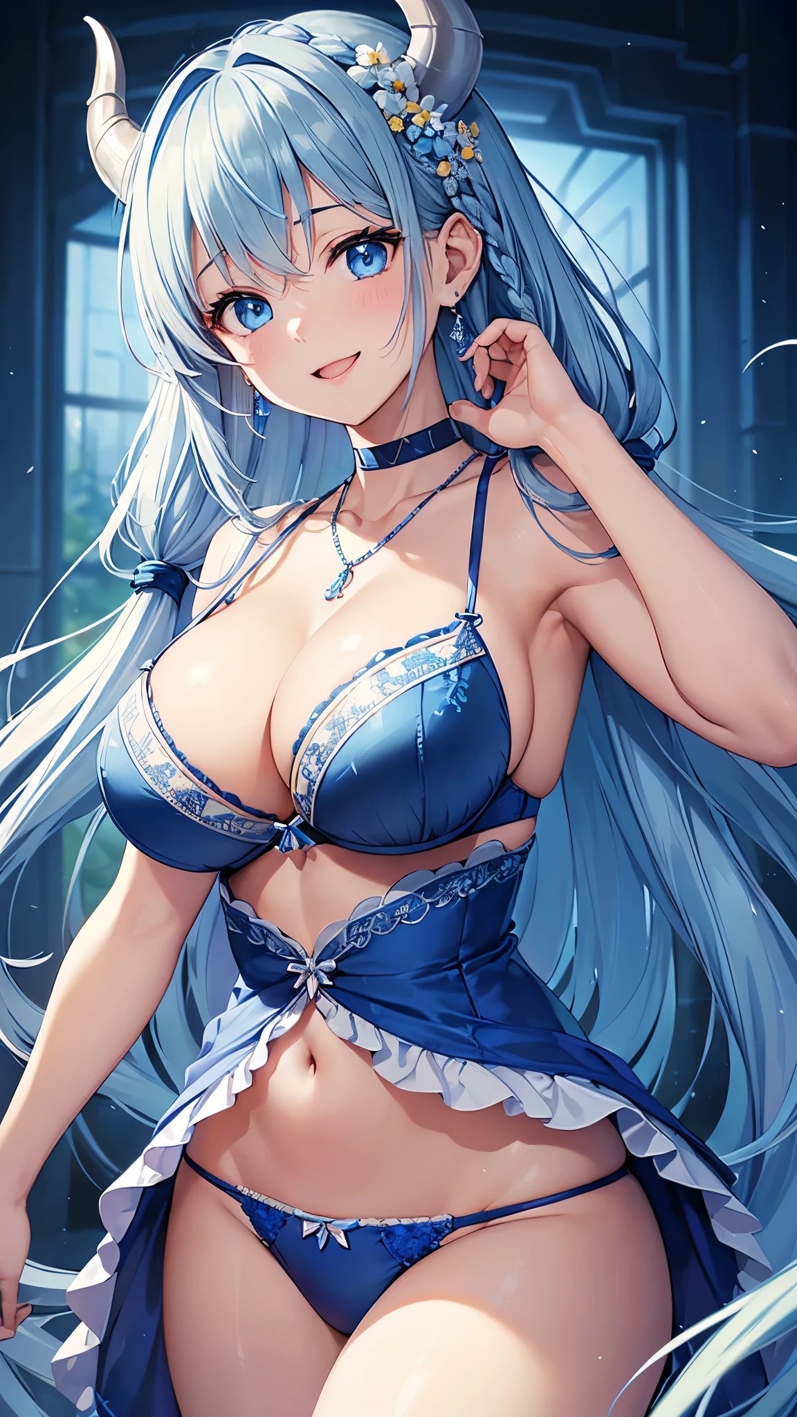 Highest quality、Highest quality、masterpiece、(8k resolution),beauty(Age 25)、(Mature Appearance)、Light blue long hair(Braiding of the sides)、blue eyes、(Light blue underwear with detailed embroidery、bra)、(Succubus)、Big cleavage、((Super big breasts))、smile、blue necklace、Blue Earrings、background(flower)、Please open your mouth wide、Dynamic pose、Blue choker、