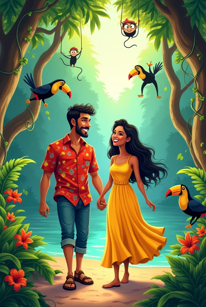 Juan and Maria walking along the Amazon cartoon