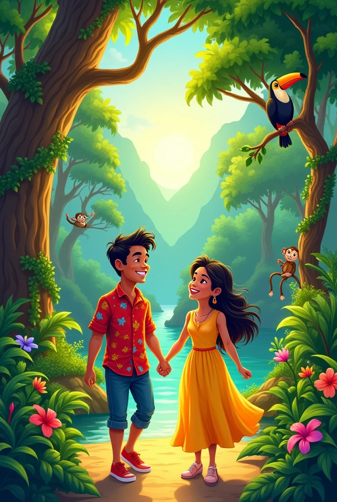 Juan and Maria walking along the Amazon cartoon 