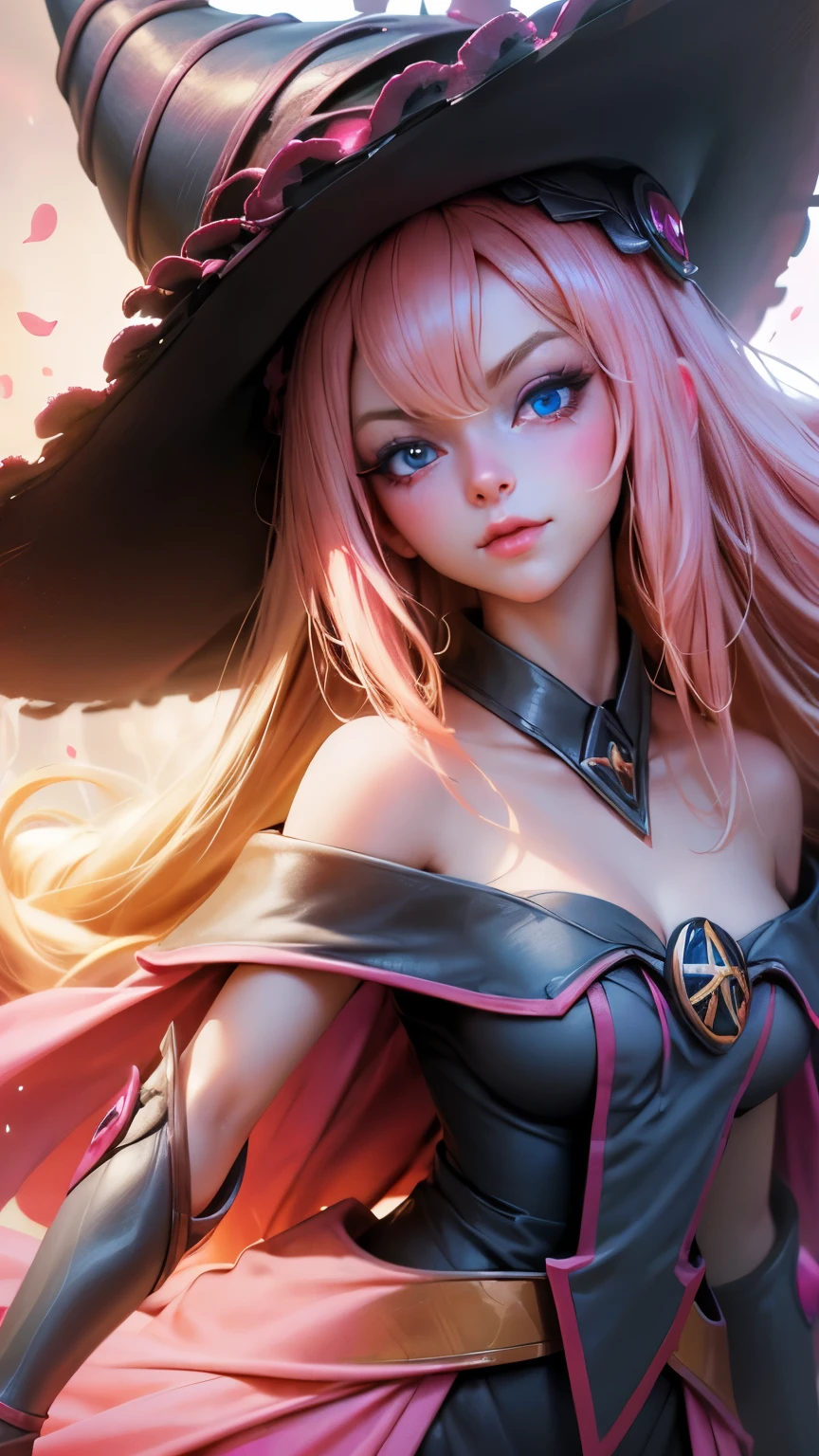 Shot of the beautiful face of dark wizard gils. Extra long eyelashes. blue eyes like crystal. brio in the eyes. pink lips. long blonde hair. exposed shoulders, angelic smile, beautiful well detailed face of the dark wizards gils. She is flirtatious with the viewer. Long and big eyelashes. Half body focus.